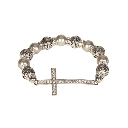 Sideways Cz Curved Cross Gray Pearl Bracelet - Silver Tone Beads