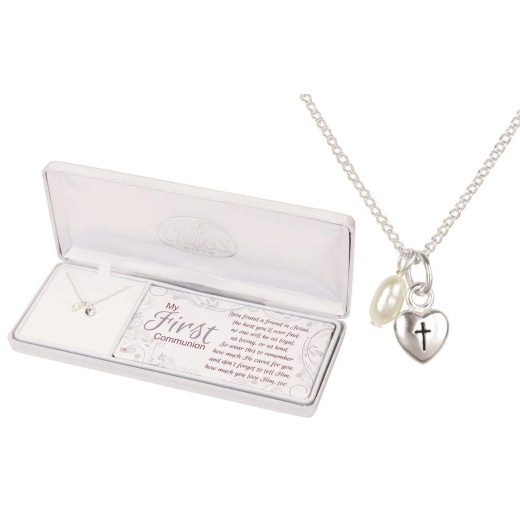 My First Communion Heart with Cross and Pearl Drop Necklace