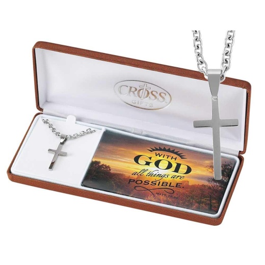 NK - With God All Things Are Possible Stainless Steel Cross Necklace - 24"