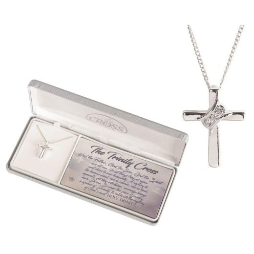 Trinity Cross with Gift Box & Verse - Silver Plated Cubic Zirconia Sash Necklace