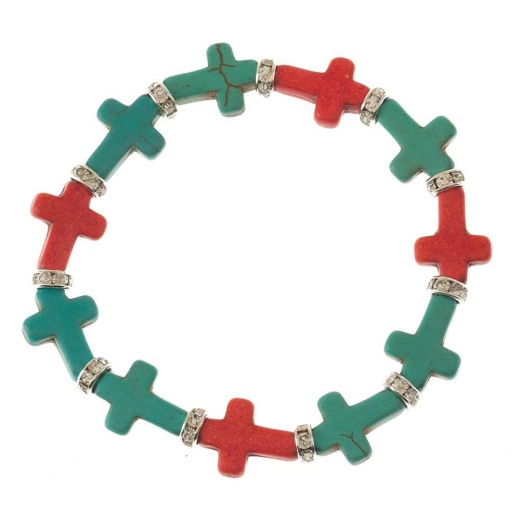 Brc-Sp Cz/Turq/Coral Multi Crs Silver Plated CZ Turquoise and Coral Multi Sideways Cross Beaded Stretch Bracelet