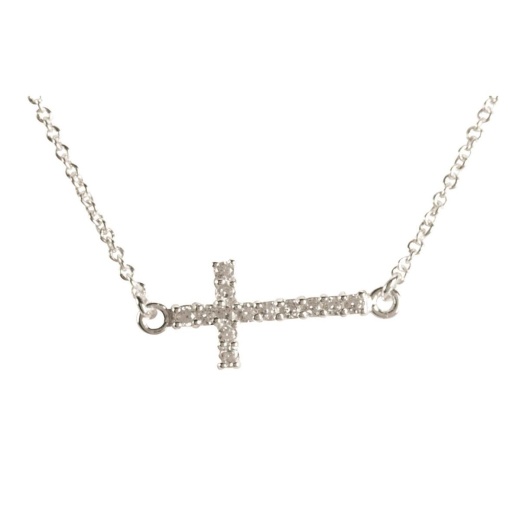 My First Communion Silver Plate Horizontal Cubic Zirconia Cross Necklace
