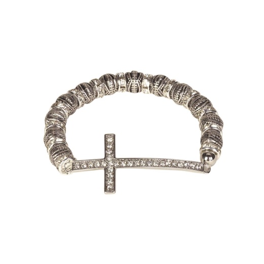 Sideways CZ Curved Cross Bracelet with Silver Tone Beads