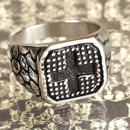 Rng-Stainless Square/Crs-Sz 9 - Stainless Steel Square Ring with Cross and Black Enamel
