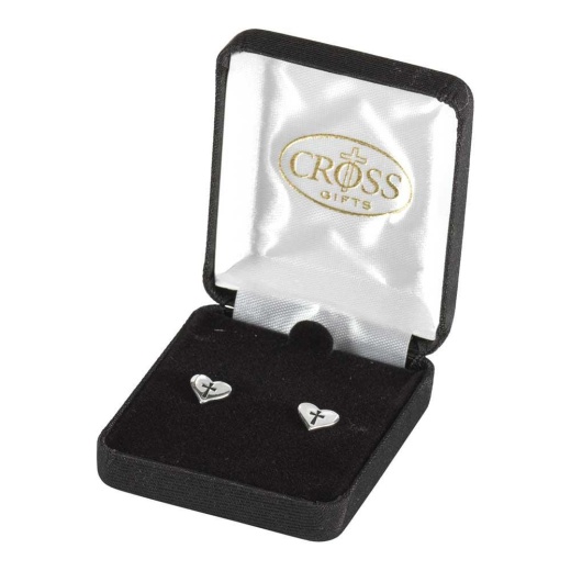 Ear-Sil Plt Hrt/Crs Ss Posts - Earrings Silver Plated Heart With Cross
