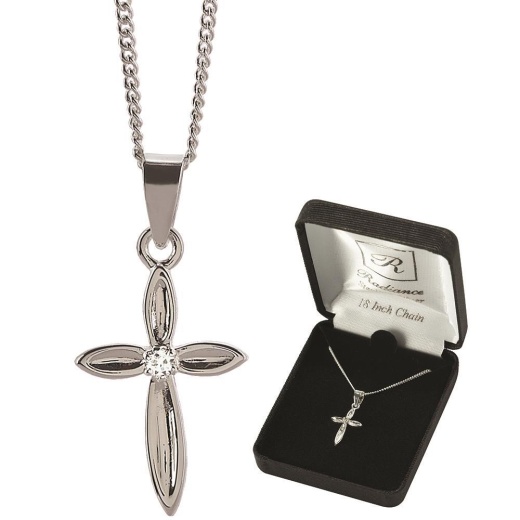 Nk-Ss Petal Crs/Cz-18" Dbox - Sterling Silver Petal Cross Necklace with Cubic Zirconia Stone