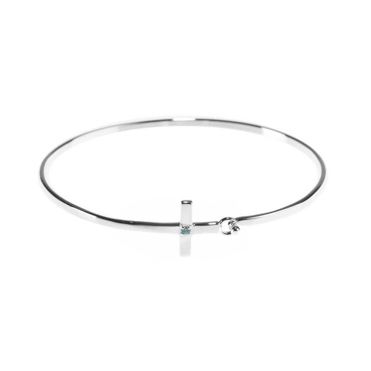Brc-March Sideways Crs-Cz Bangle - Silver Plate Sideways Cross with Aquamarine CZ