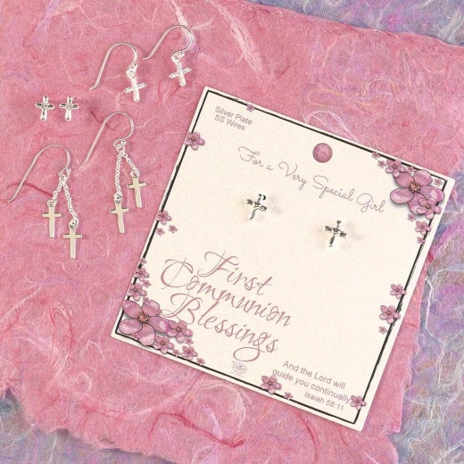 Ear Comm Petal Cross Split Ss Posts - Silver Plated First Communion Jewelry