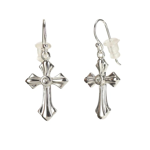 Silver Plated Flare Cross Earrings with Crystal