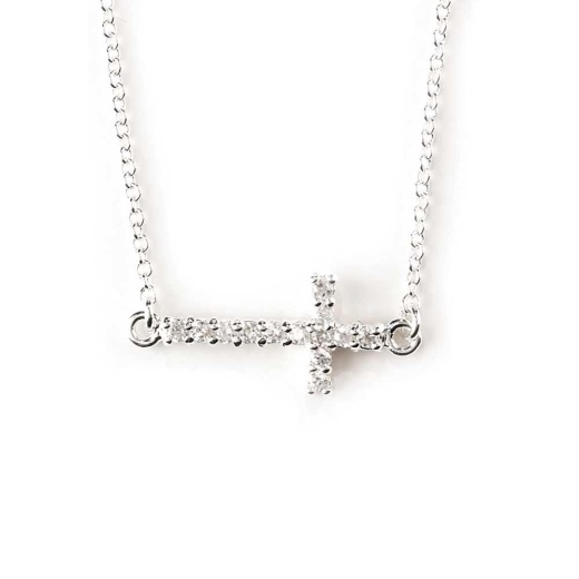 Sterling Silver Sideways CZ Cross Necklace on 18 inch Chain