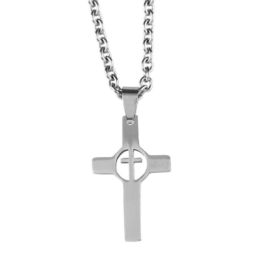 Men's Stainless Steel Cross Necklace with Cutout Circle