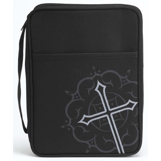 Bible Covers - Silkscreen Cross Design Large Black/Grey Poly Nylon Cover