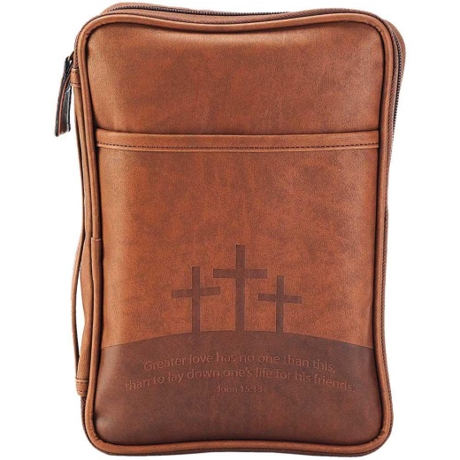 Brown Three Crosses Vinyl Bible Cover - Thinline Size