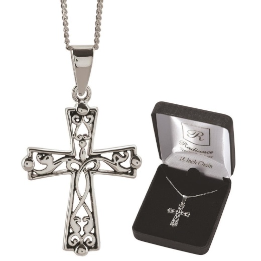 Nk-Ss Filigre Flr/Crs 18" Dbox Sterling Silver Cross Necklace