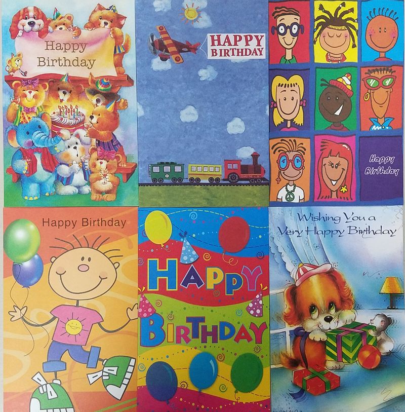 Children's Birthday Cards - 6 Assorted Designs, Colorful