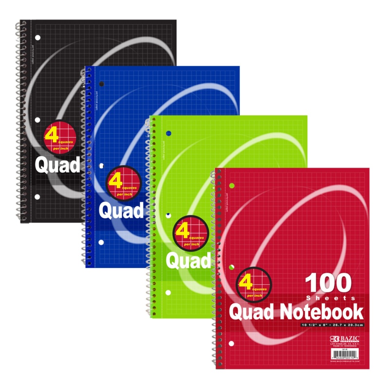 Quad Ruled Spiral Notebooks - 100 Sheets, 4 Colors