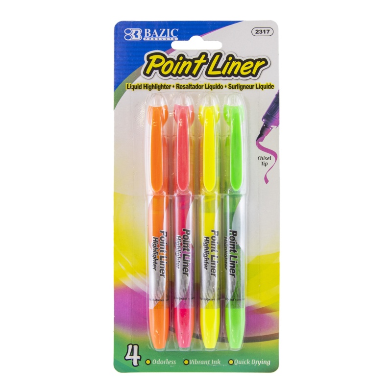 Liquid Highlighter Pens - 4 Count, Assorted Fluorescent Colors, Pen-Style