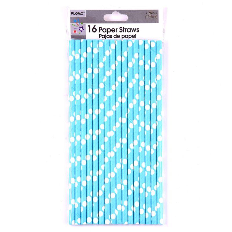7" Blue Polka Dot Paper Party Straws - 16 Pack