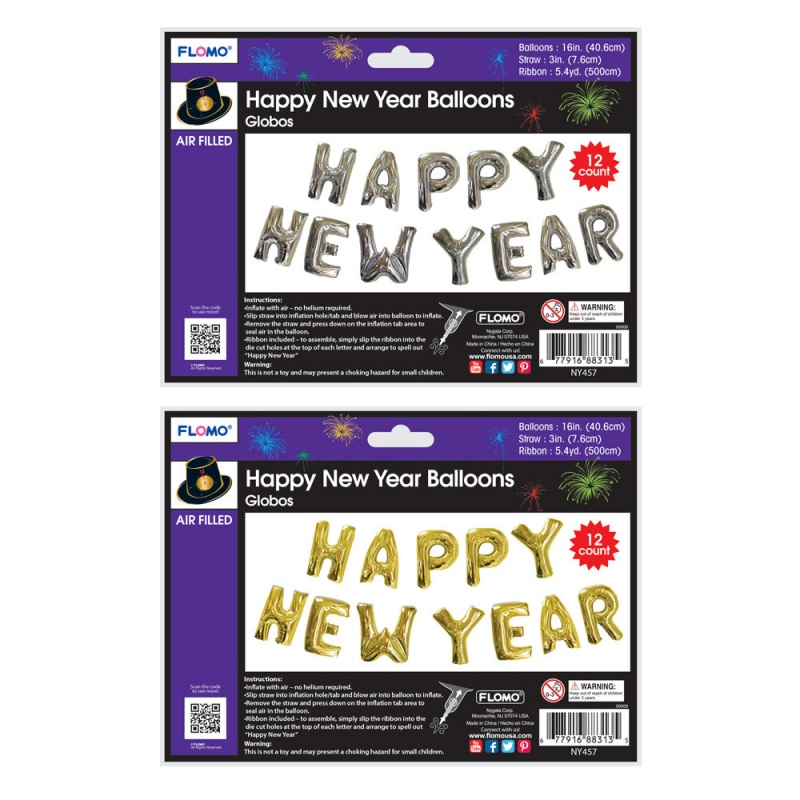 Happy New Year Letter Balloons - 12 Count - Gold/Silver