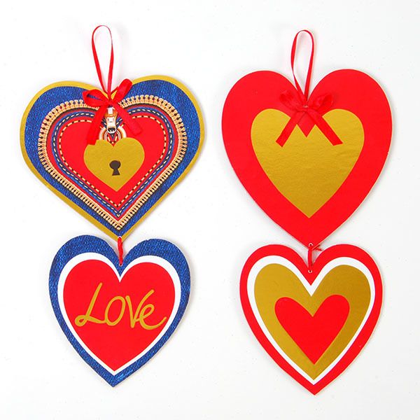 Hanging Double Heart Valentine Decoration With Satin Ribbon And Hot Stamped Embellishments
