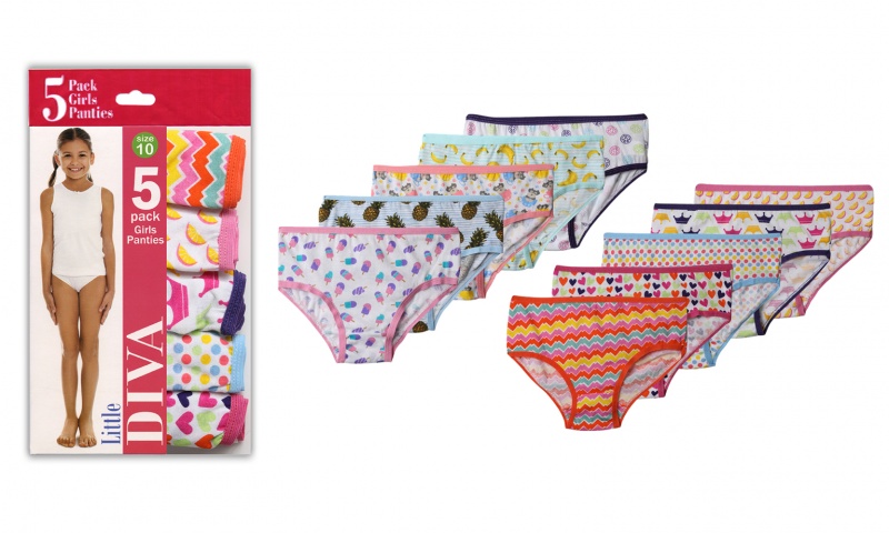 Girl's Panties - 5 Pack, Assorted Colors, Printed