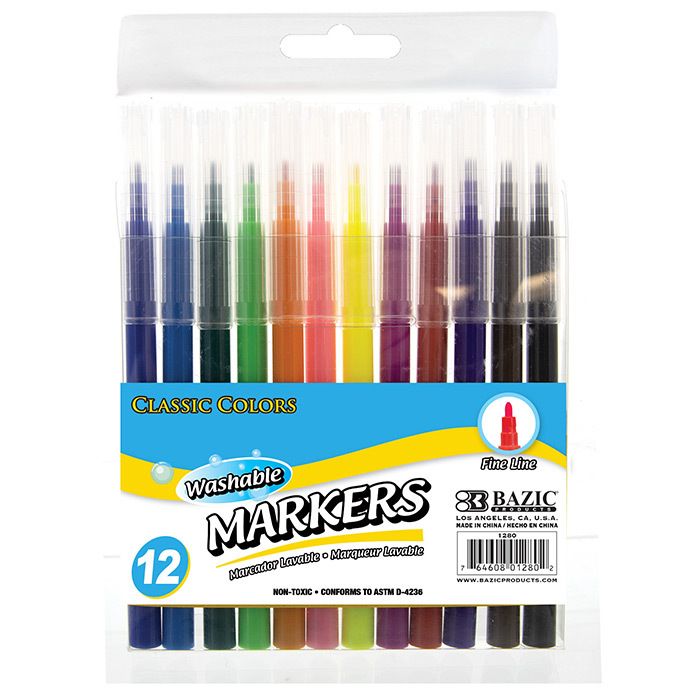 Washable Markers - 12 Assorted Colors, Fine Tip