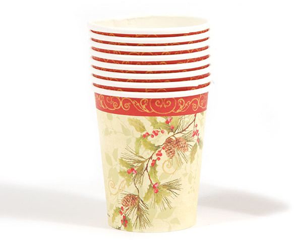Pinecone And Holly Printed Cups - 9 Oz, 8 Pack