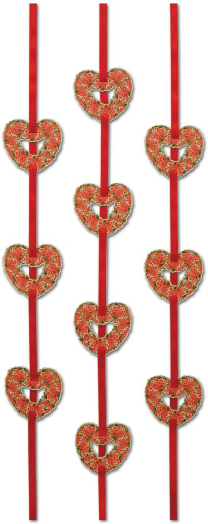 Heart Ribbon Stringers - Printed Hearts Strung On Red Satin Ribbon