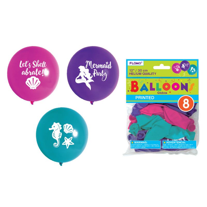 12" Helium Quality Mermaid Printed Balloons - 8 Pack - Assorted Colors
