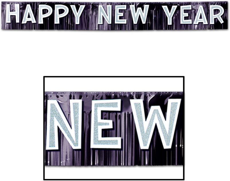 Metallic Happy New Year Banner - Black With Silver Glittered White Letters