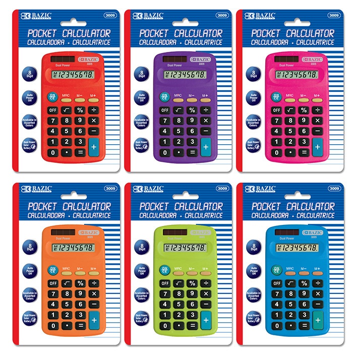 Calculators - Pocket Size, 8 Digit, Assorted Colors