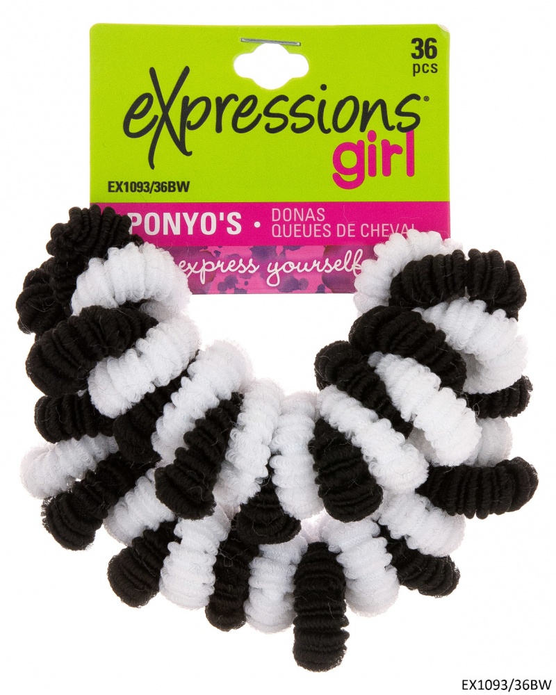 Expressions Ponytails - Black White, 36 Pack