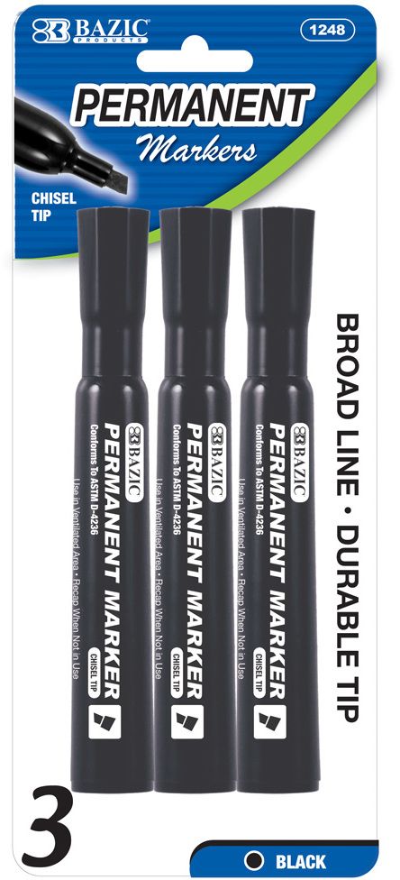 Markers - 3 Count, Permanent Black, Chisel Tip
