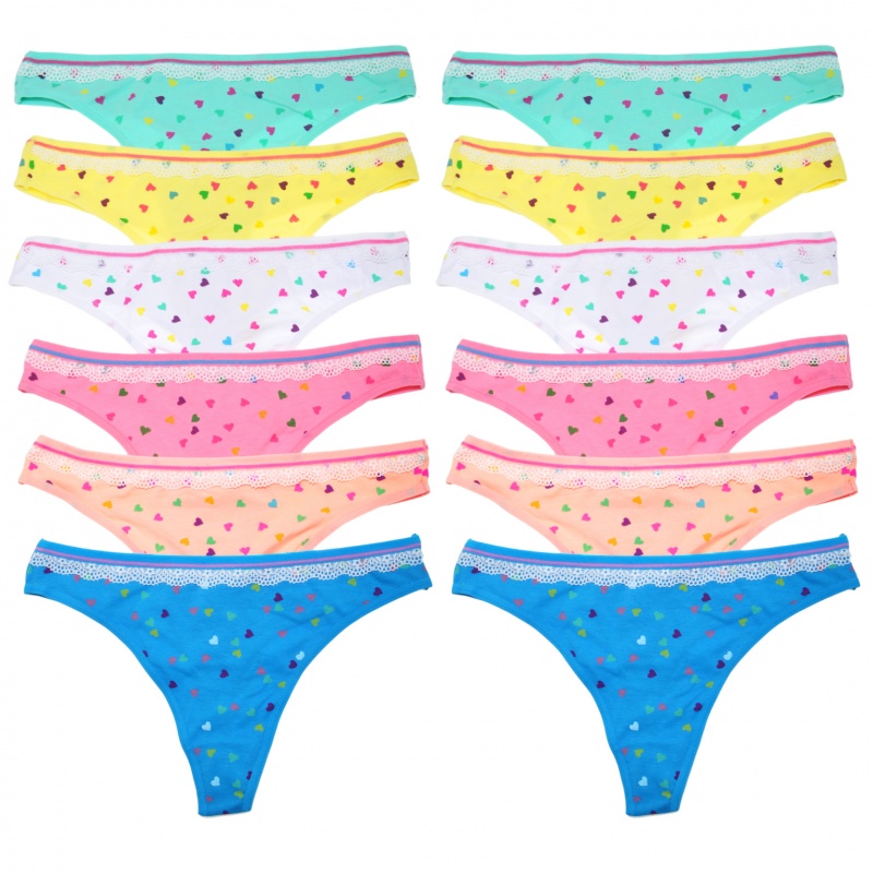 Cotton Thong Panties With Heart Print Design - Assorted Colors Sizes