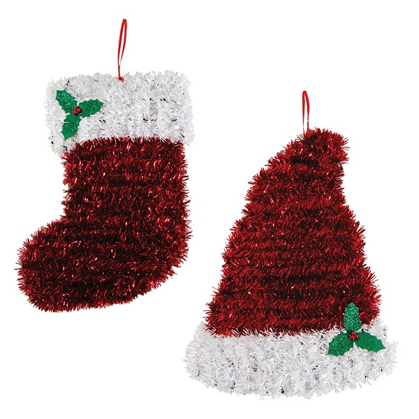 Christmas Hat And Stocking Tinsel Decoration