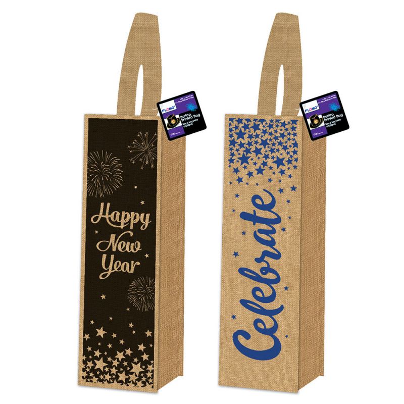 Natural Jute Happy New Year Wine Bottle Bags - Assorted