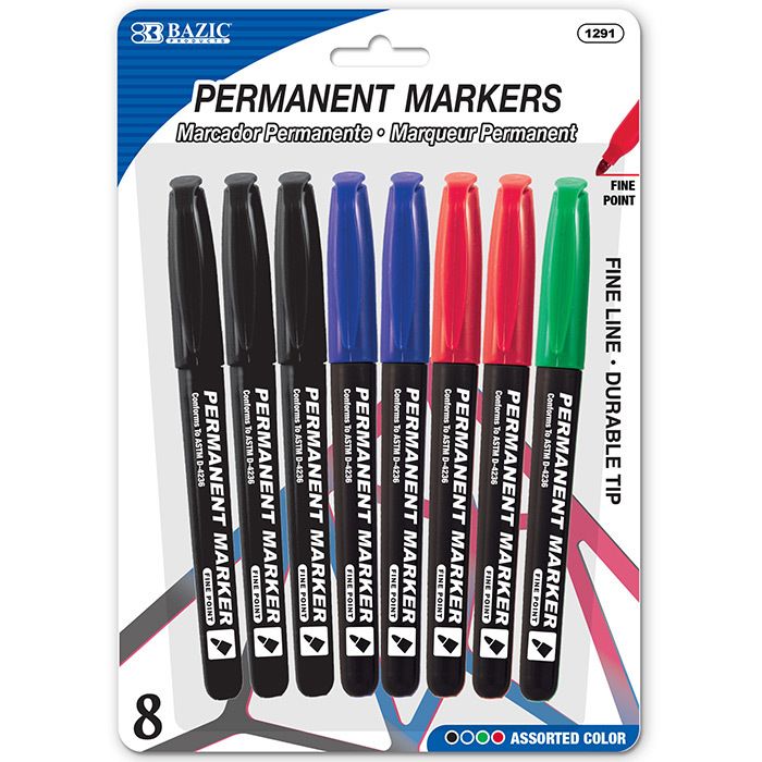 Permanent Markers - 8 Count, Assorted Colors, Fine Tip