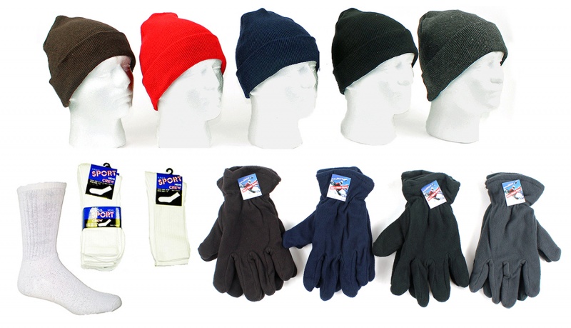 Hats, Fleece Gloves, Crew Socks Combos - Assorted Colors, White