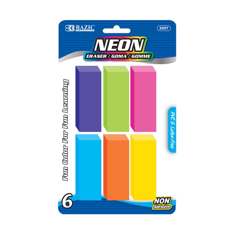 Neon Pencil Erasers - 6 Count, Assorted Colors
