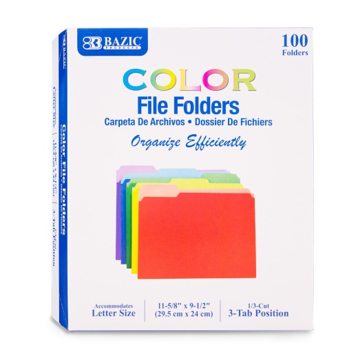 Letter Size File Folders - Assorted Colors, 1/3 Cut