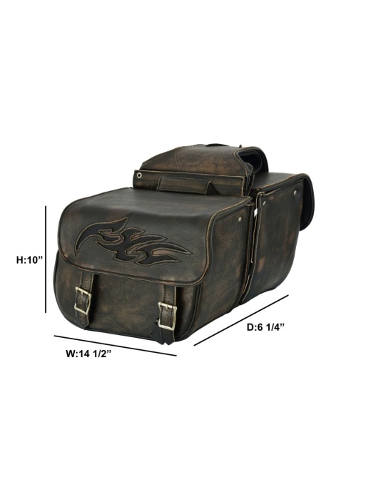 Genuine Distressed Brown Naked Leather Concealed Carry Saddlebag With Flame