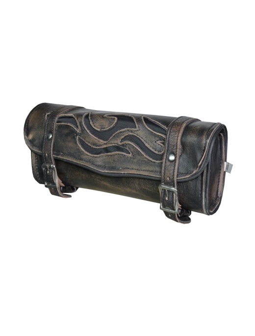 Dream Apparel Motorcycle Tool Bag With Flames 12" Distress Brown Leather