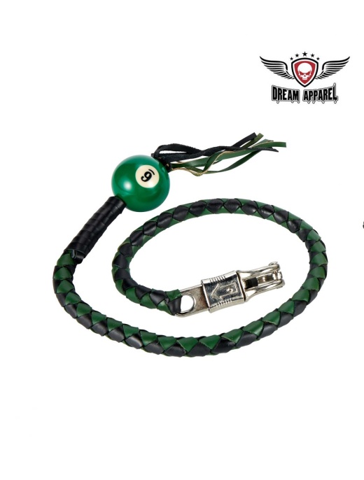 Black and Green Fringed Get Back Whip with Pool Ball