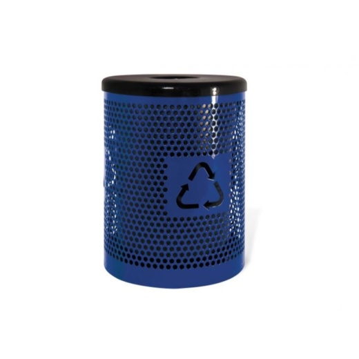 32 Gallon Round Perforated Steel Trash Receptacle With Recycling Logo