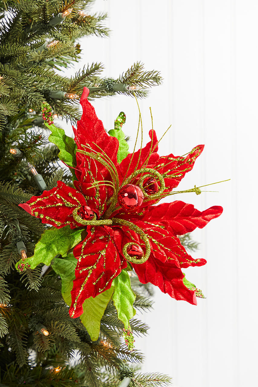 25” Glitter Velvet Curly Jingle Bell Poinsettia Stem