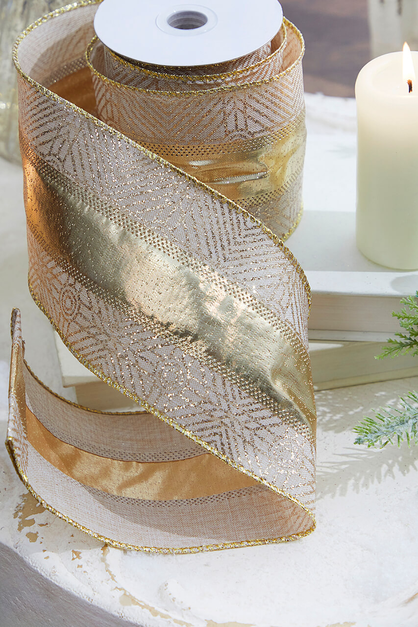 Champagne Gold Wired Ribbon,Metallic Champagne and Glitter Mesh