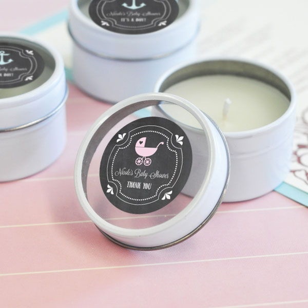 Chalkboard Baby Shower Personalized Round Candle Tins