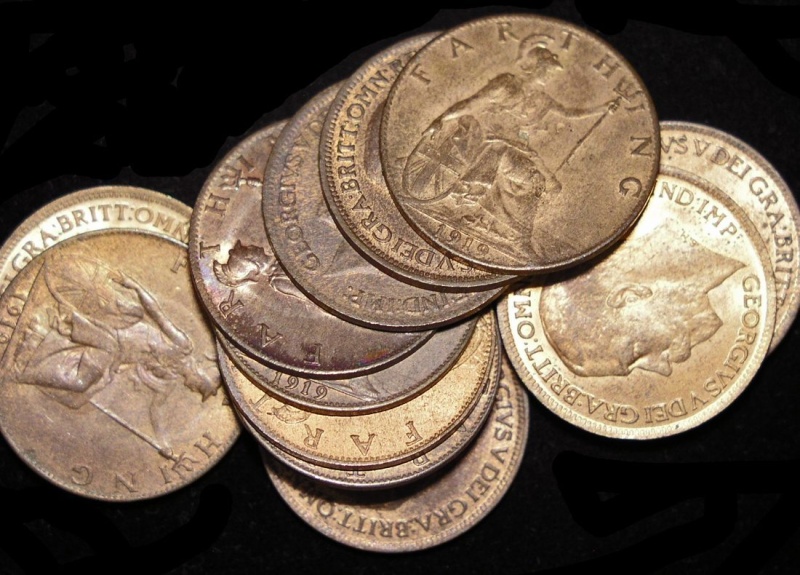Great Britain, George V (1910-1936), Bronze Farthings, Dated 1919, Km# 808.2, A Lot Of (11) Colins
