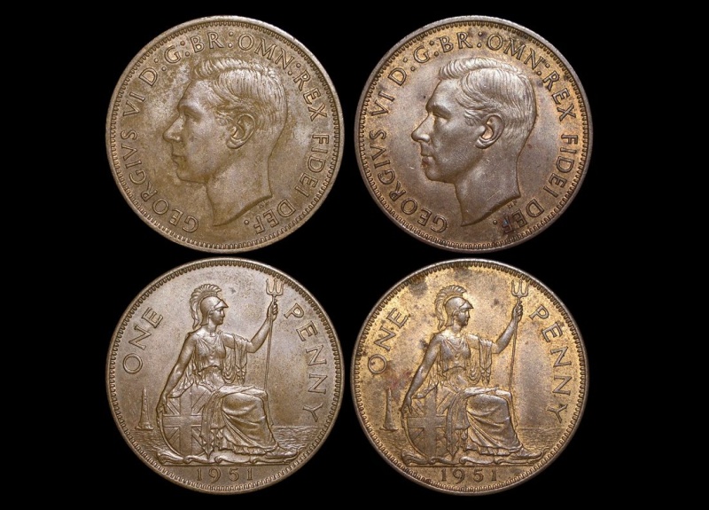 Great Britain, George V (1936-1952), Bronze Pennies 1951 Key Date (2), Au, A Lot Of (2) Coins