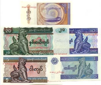 Myanmar Set Of 1 Pyas And 4 Kayat Notes